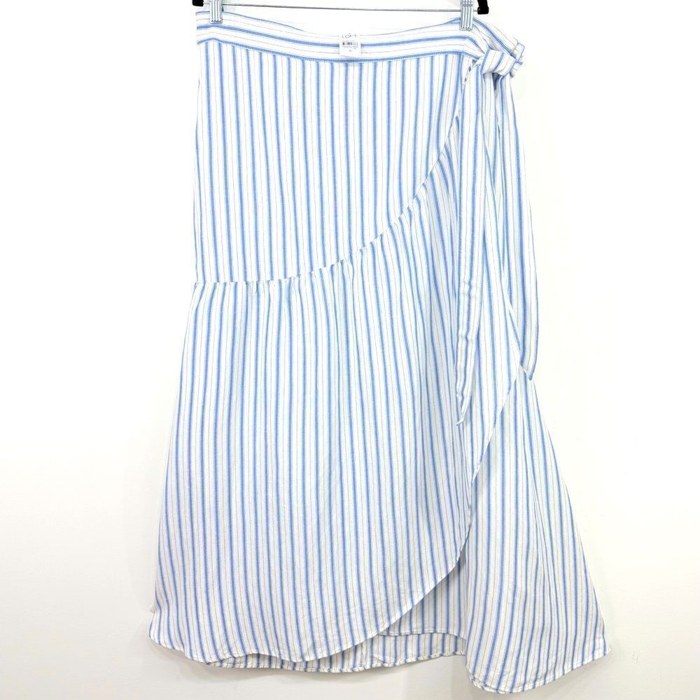 LOFT Cream Light Blue Vertical Stripe Linen Side Tie Front Wrap Skirt NEW